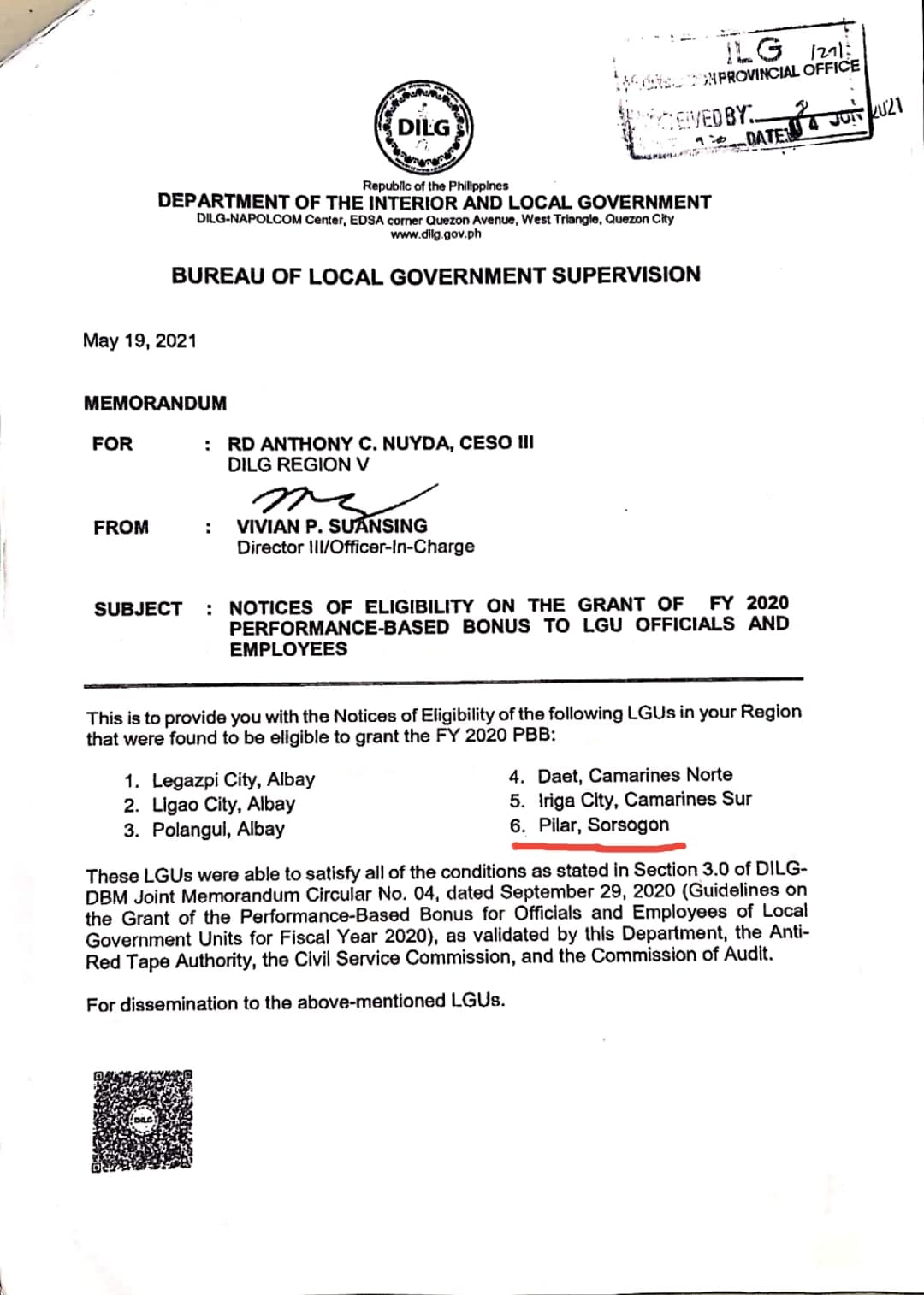 Pilar Hits one of Bicol’s 6 among 209 LGUs nationwide Eligible for Performance-Based Bonus for FY 2020