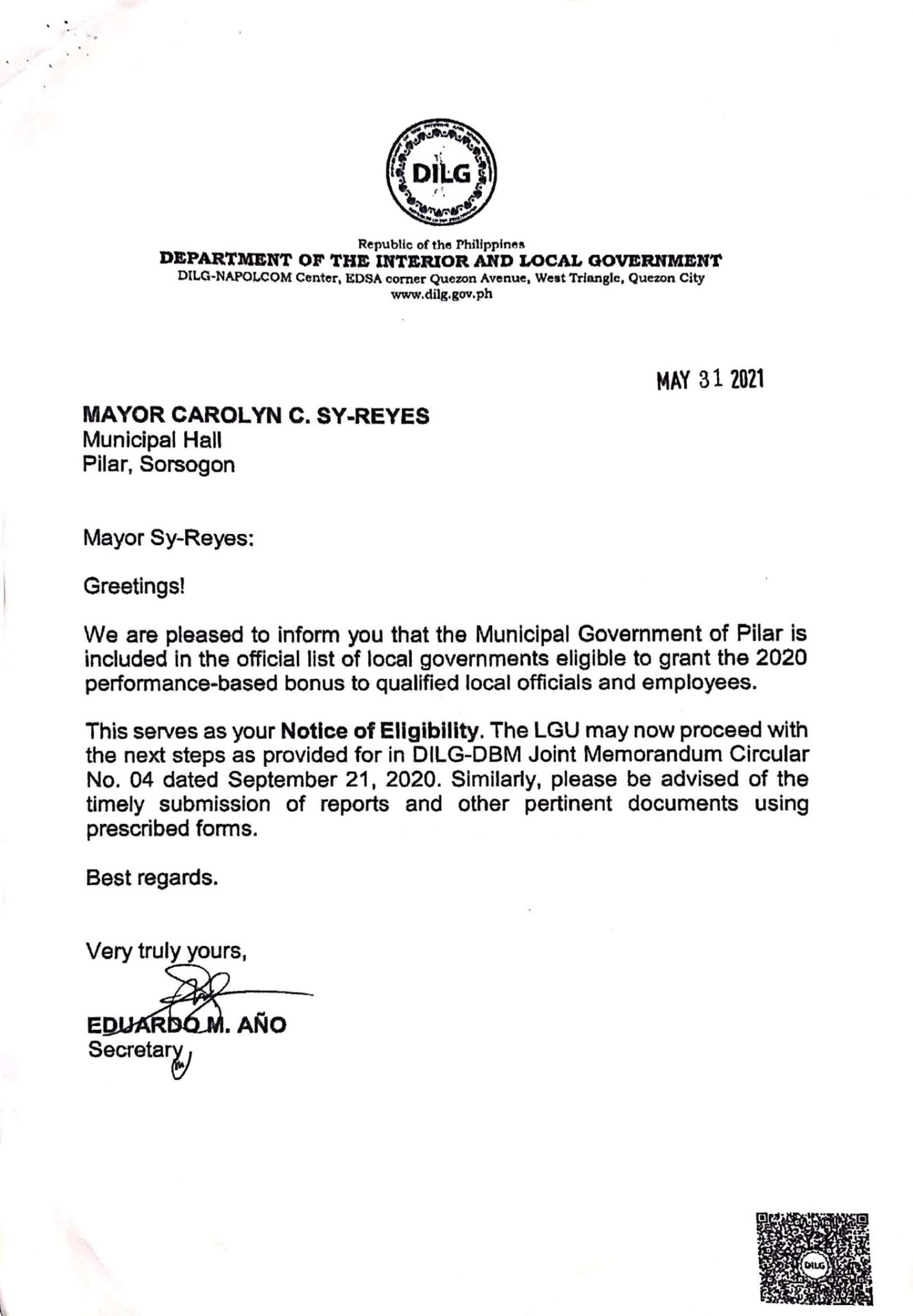 Pilar Hits one of Bicol’s 6 among 209 LGUs nationwide Eligible for Performance-Based Bonus for FY 2020