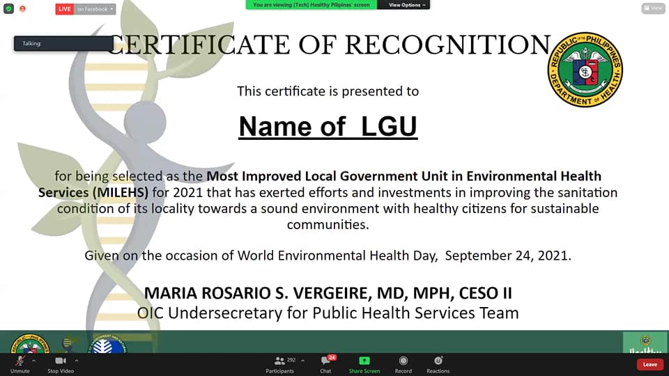 Pilar adjudged as Top LGU in Bicol Region with Most Improved Environmental Health Services