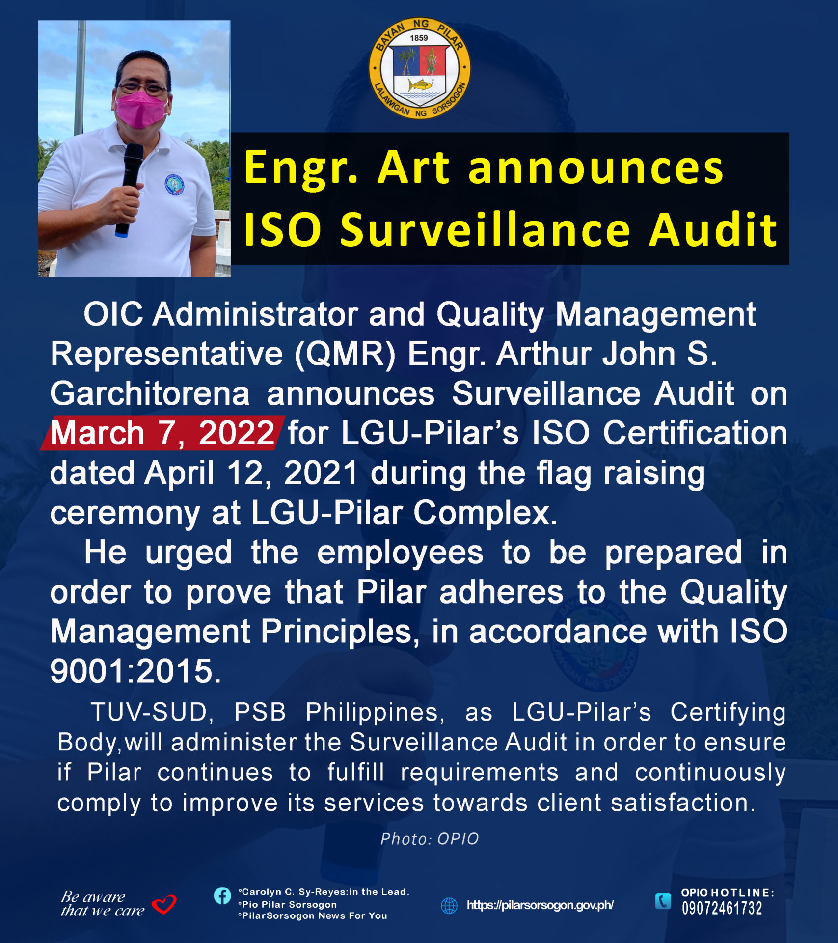Engr. Art announces ISO Surveillance Audit