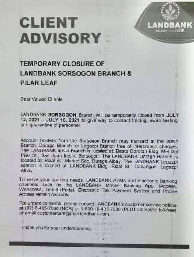 For the transacting public of LANDBANK Sorsogon Branch and Pilar LEAF, please be INFORMED of this ADVISORY